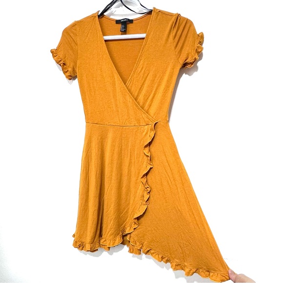 Forever 21 Like New Amber Yellow Ruffled Wrap Mini Dress Size Small - Picture 1 of 12